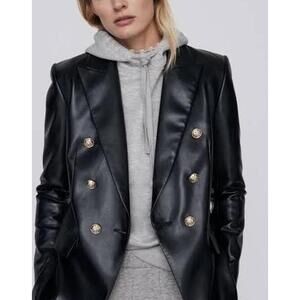 Zara Gold Button Black Faux Jacket Blazer Classic Career Edgy Punk Size Small